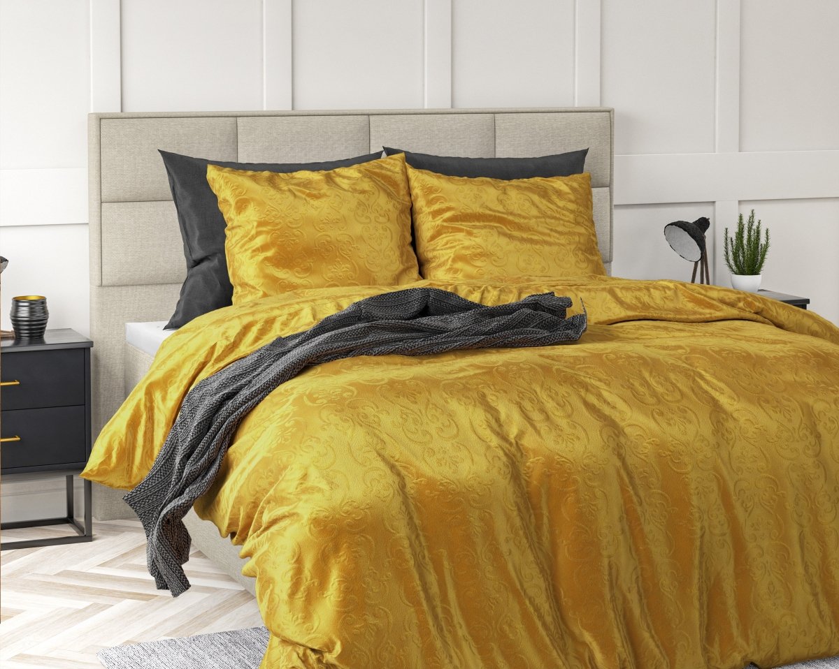 Embossed Velvet Duvet Cover Set Sultan | Gold | Single - 140cm (W) x 220cm (L) - The Bedding & Blankets Store