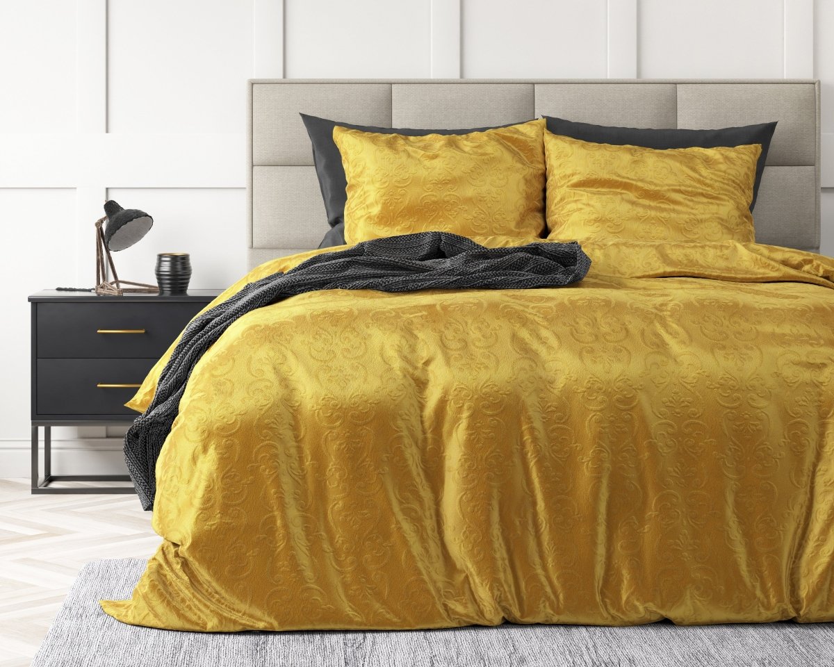 Embossed Velvet Duvet Cover Set Sultan | Gold | Single - 140cm (W) x 220cm (L) - The Bedding & Blankets Store