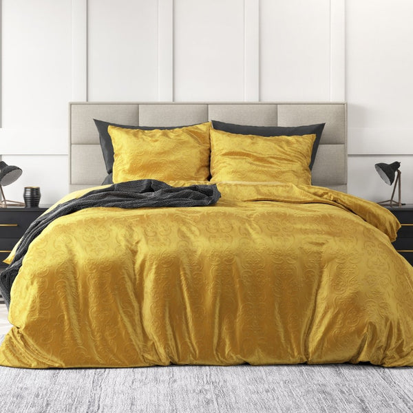 Embossed Velvet Duvet Cover Set Sultan | Gold | Single - 140cm (W) x 220cm (L) - The Bedding & Blankets Store