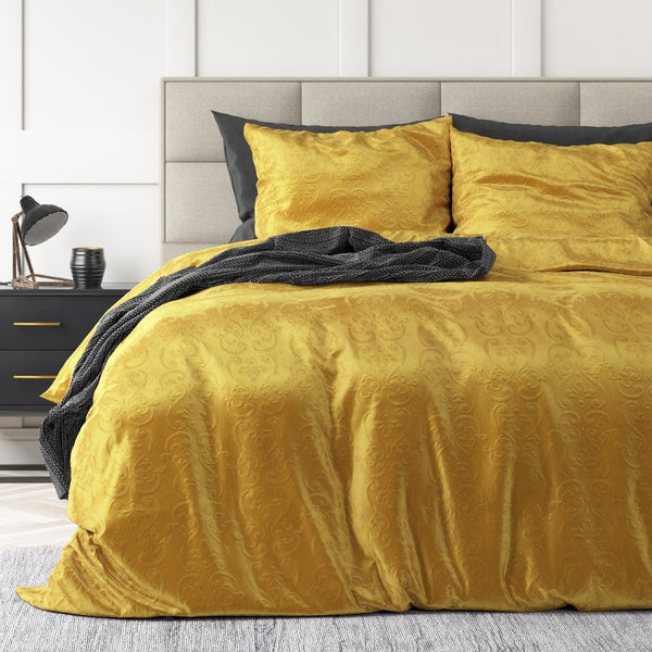 Embossed Velvet Duvet Cover Set Sultan | Gold | Single - 140cm (W) x 220cm (L) - The Bedding & Blankets Store