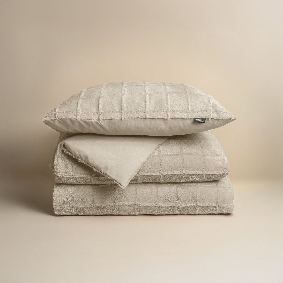 Faux Fur Duvet Cover Set Faux Fur Check | Beige | Single - 140cm (W) x 220cm (L) - The Bedding & Blankets Store