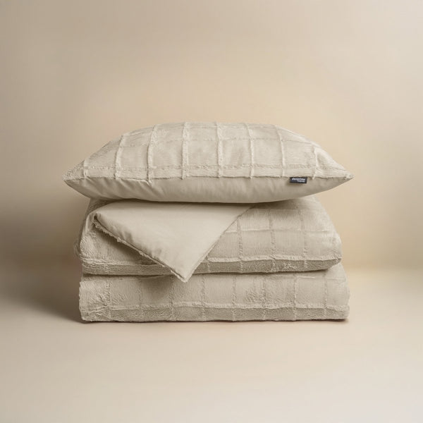 Faux Fur Duvet Cover Set Faux Fur Check | Beige | Single - 140cm (W) x 220cm (L) - The Bedding & Blankets Store