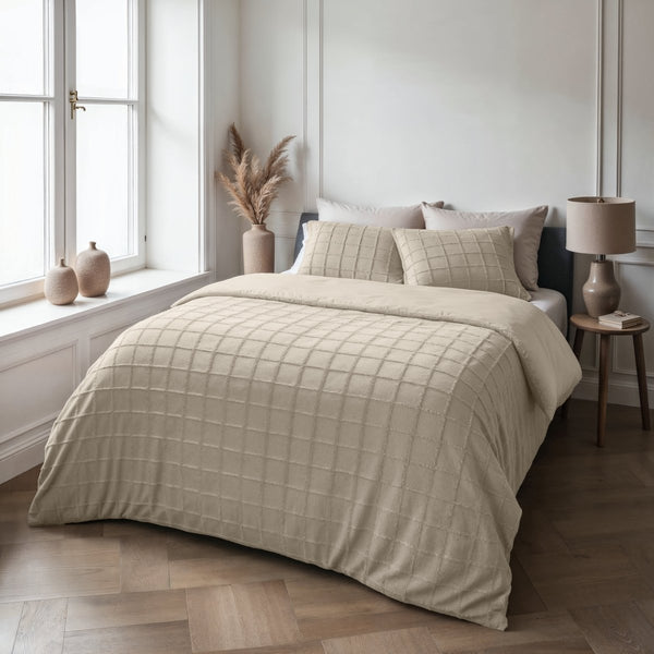 Faux Fur Duvet Cover Set Faux Fur Check | Beige | Single - 140cm (W) x 220cm (L) - The Bedding & Blankets Store