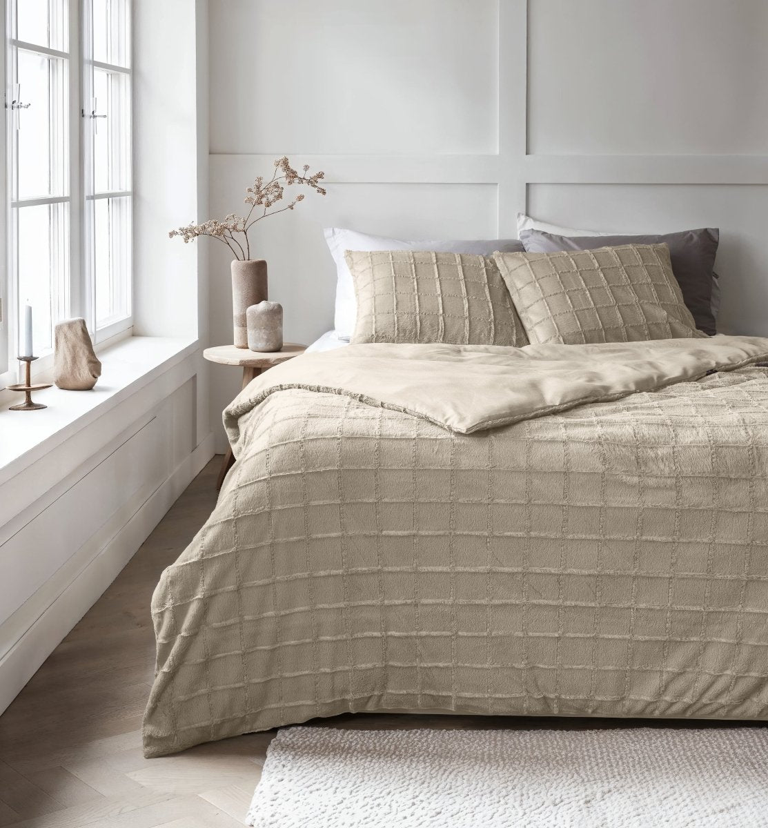 Faux Fur Duvet Cover Set Faux Fur Check | Beige | Single - 140cm (W) x 220cm (L) - The Bedding & Blankets Store