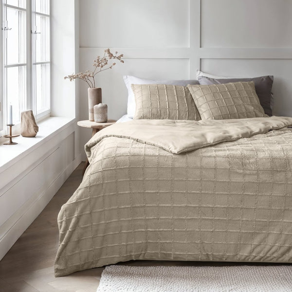 Faux Fur Duvet Cover Set Faux Fur Check | Beige | Single - 140cm (W) x 220cm (L) - The Bedding & Blankets Store