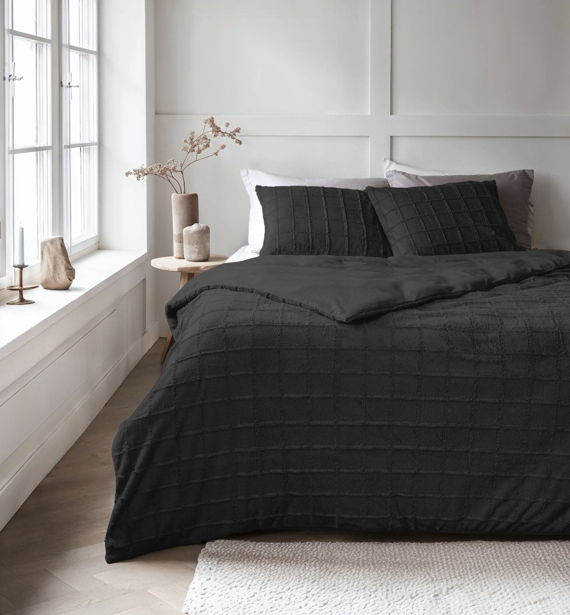 Faux Fur Duvet Cover Set Faux Fur Check | Black | Single - 140cm (W) x 220cm (L) - The Bedding & Blankets Store