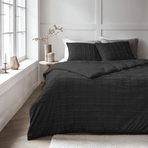 Faux Fur Duvet Cover Set Faux Fur Check | Black | Single - 140cm (W) x 220cm (L) - The Bedding & Blankets Store