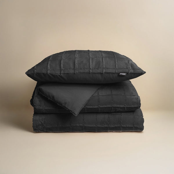 Faux Fur Duvet Cover Set Faux Fur Check | Black | Single - 140cm (W) x 220cm (L) - The Bedding & Blankets Store