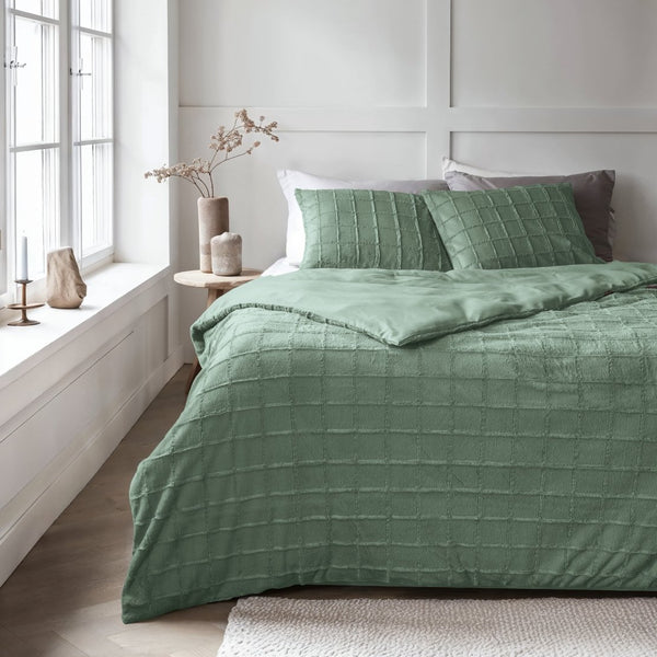 Faux Fur Duvet Cover Set Faux Fur Check | Dark Green | Single - 140cm (W) x 220cm (L) - The Bedding & Blankets Store