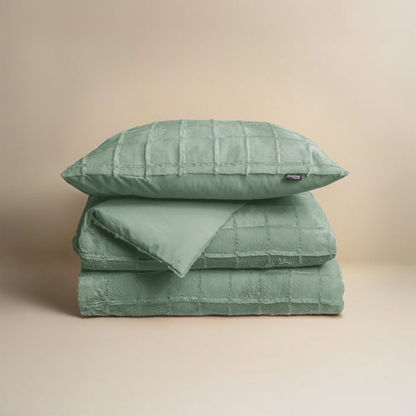 Faux Fur Duvet Cover Set Faux Fur Check | Dark Green | Single - 140cm (W) x 220cm (L) - The Bedding & Blankets Store