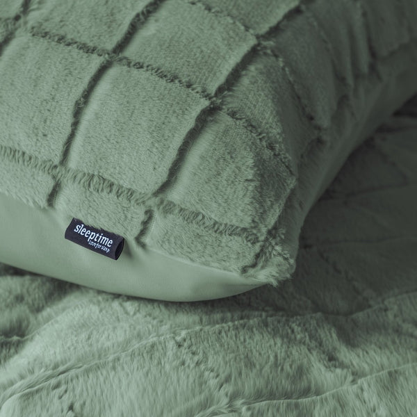 Faux Fur Duvet Cover Set Faux Fur Check | Dark Green | Single - 140cm (W) x 220cm (L) - The Bedding & Blankets Store