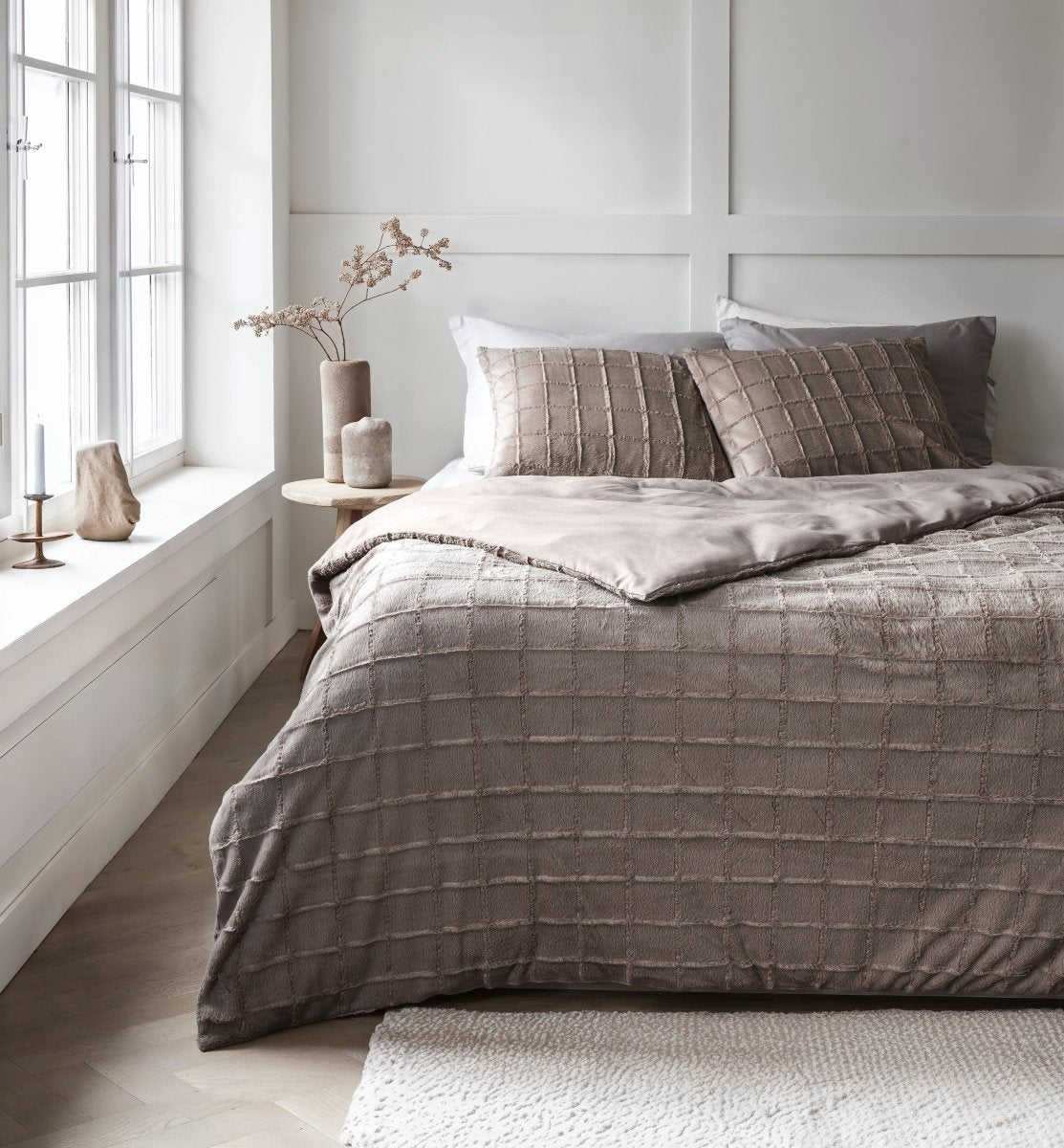 Faux Fur Duvet Cover Set Faux Fur Check | Taupe | Single - 140cm (W) x 220cm (L) - The Bedding & Blankets Store