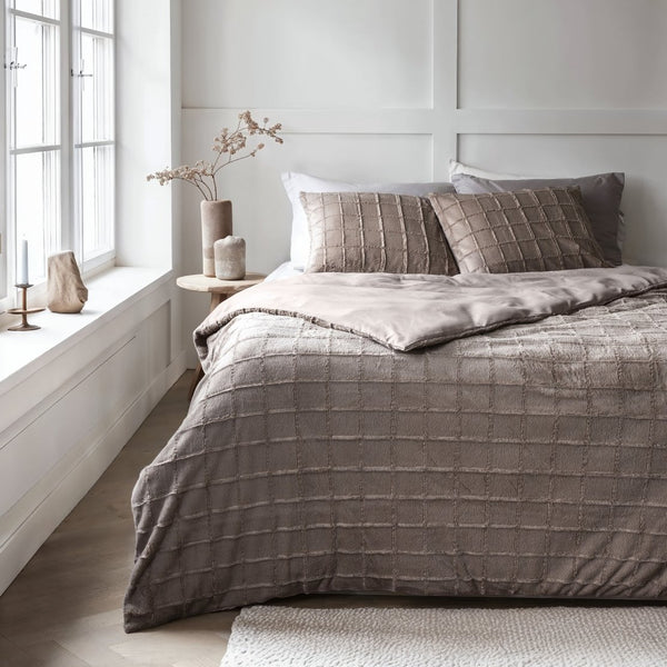 Faux Fur Duvet Cover Set Faux Fur Check | Taupe | Single - 140cm (W) x 220cm (L) - The Bedding & Blankets Store