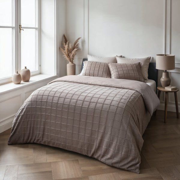 Faux Fur Duvet Cover Set Faux Fur Check | Taupe | Single - 140cm (W) x 220cm (L) - The Bedding & Blankets Store