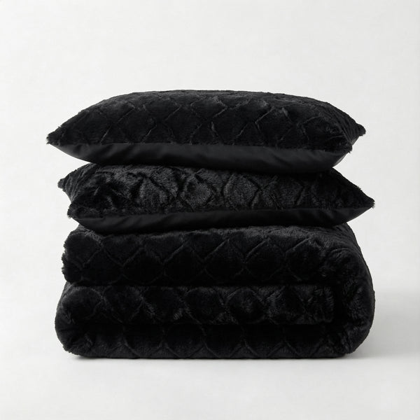 Faux Fur Duvet Cover Set Syon | Black | King Long - 240cm (W) x 220cm (L) - The Bedding & Blankets Store