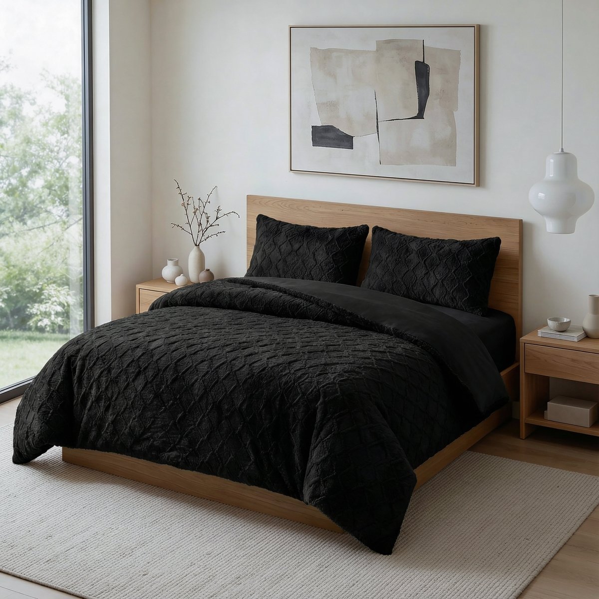 Faux Fur Duvet Cover Set Syon | Black | King Long - 240cm (W) x 220cm (L) - The Bedding & Blankets Store