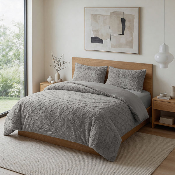 Faux Fur Duvet Cover Set Syon | Grey | King Long - 240cm (W) x 220cm (L) - The Bedding & Blankets Store