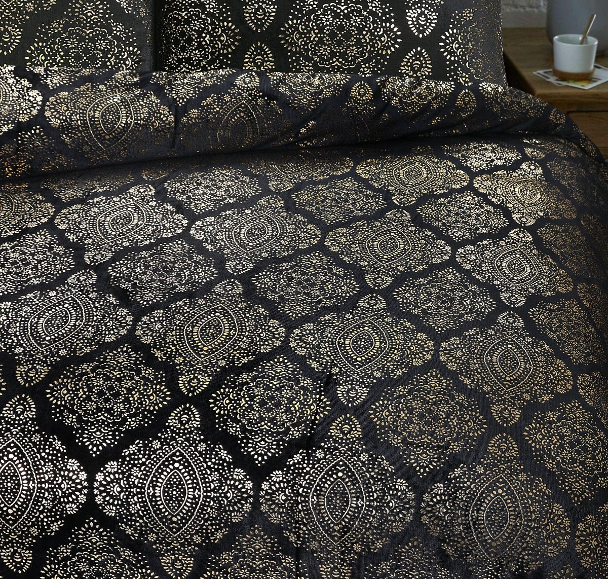 Flannel Fleece Duvet Cover Set Glamour Art Foil Design | Black | Double - 200cm (W) x 200/220cm (L) - The Bedding & Blankets Store