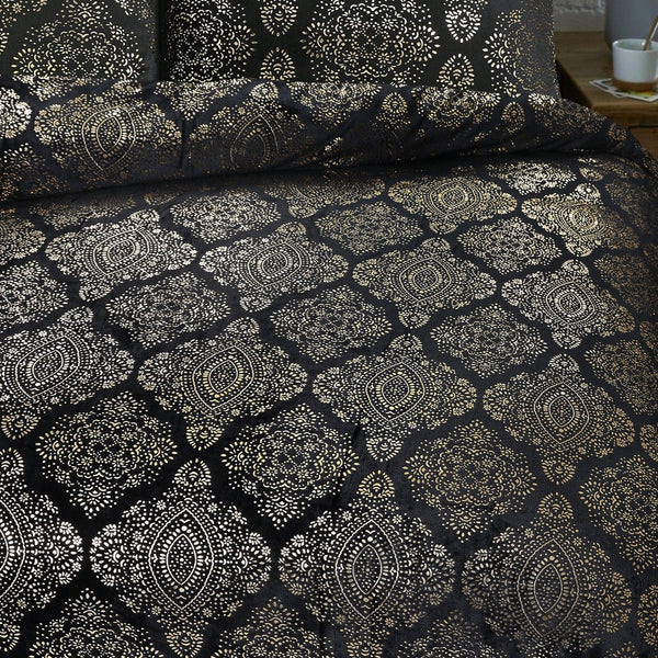 Flannel Fleece Duvet Cover Set Glamour Art Foil Design | Black | Double - 200cm (W) x 200/220cm (L) - The Bedding & Blankets Store