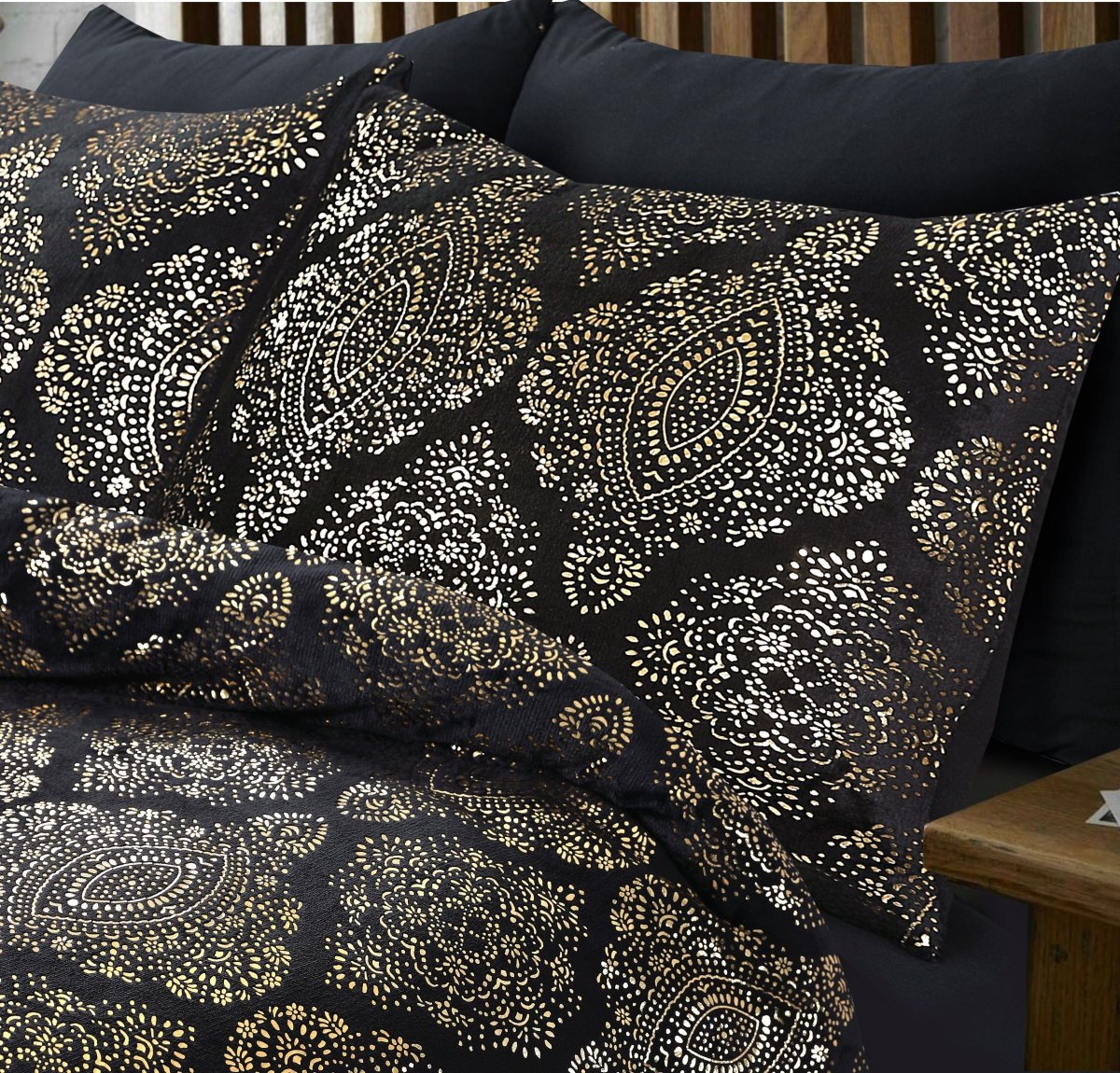 Flannel Fleece Duvet Cover Set Glamour Art Foil Design | Black | Double - 200cm (W) x 200/220cm (L) - The Bedding & Blankets Store