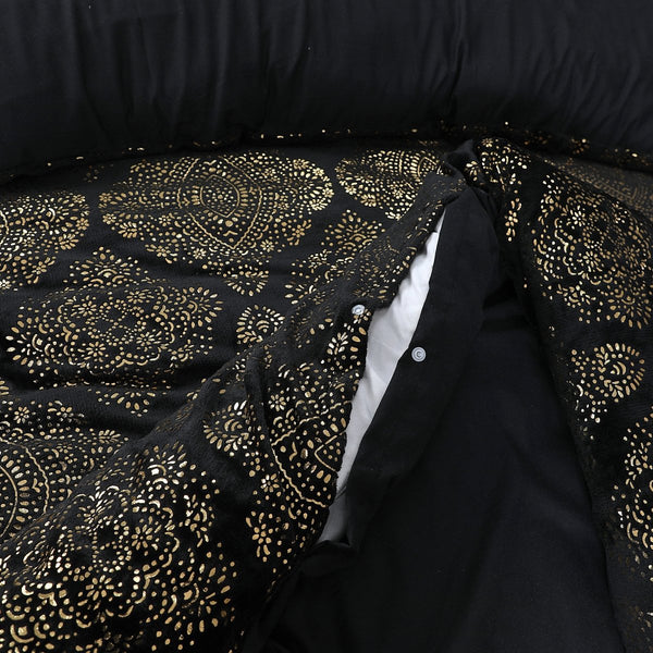 Flannel Fleece Duvet Cover Set Glamour Art Foil Design | Black | Double - 200cm (W) x 200/220cm (L) - The Bedding & Blankets Store