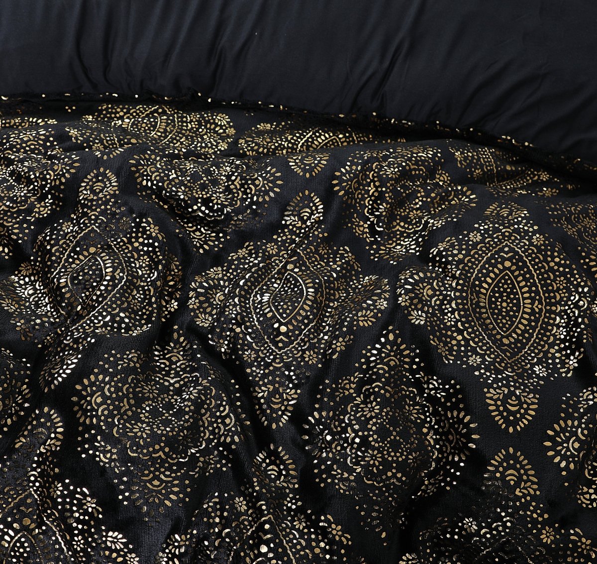 Flannel Fleece Duvet Cover Set Glamour Art Foil Design | Black | Double - 200cm (W) x 200/220cm (L) - The Bedding & Blankets Store