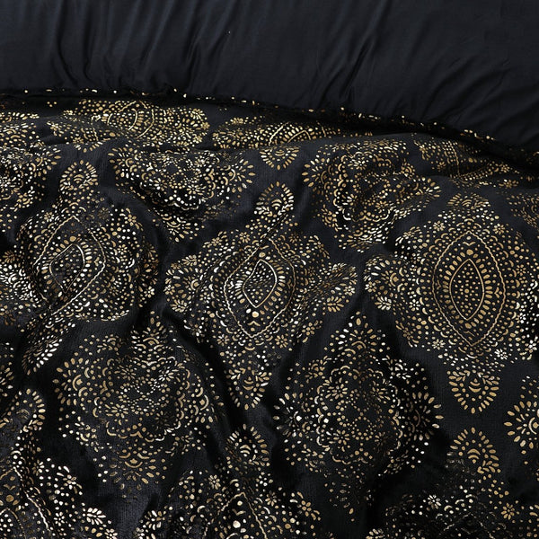 Flannel Fleece Duvet Cover Set Glamour Art Foil Design | Black | Double - 200cm (W) x 200/220cm (L) - The Bedding & Blankets Store