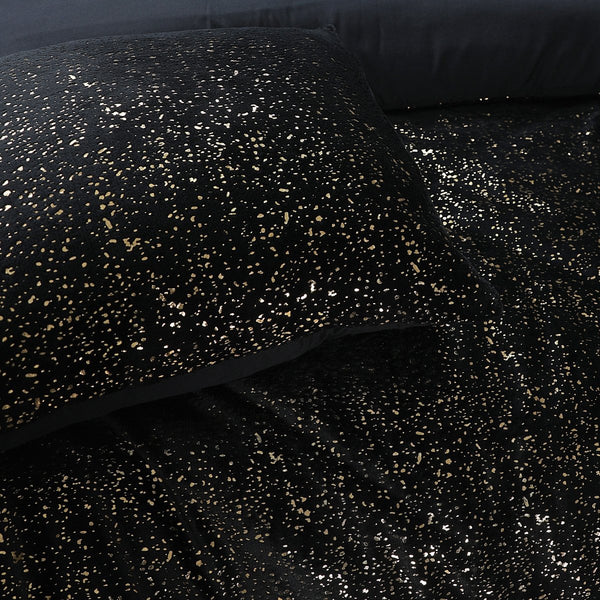 Flannel Fleece Duvet Cover Set Glamour Sparkle Foil | Black | Single - 140cm (W) x 220cm (L) - The Bedding & Blankets Store