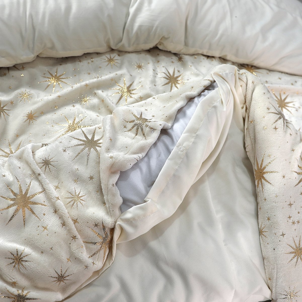 Flannel Fleece Duvet Cover Set Glamour Stars Foil | Cream | Single - 140cm (W) x 220cm (L) - The Bedding & Blankets Store