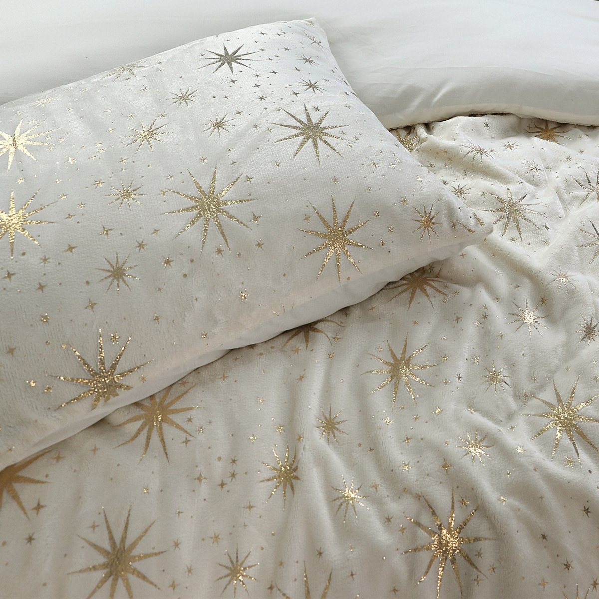 Flannel Fleece Duvet Cover Set Glamour Stars Foil | Cream | Single - 140cm (W) x 220cm (L) - The Bedding & Blankets Store