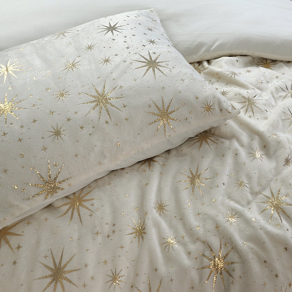 Flannel Fleece Duvet Cover Set Glamour Stars Foil | Cream | Single - 140cm (W) x 220cm (L) - The Bedding & Blankets Store