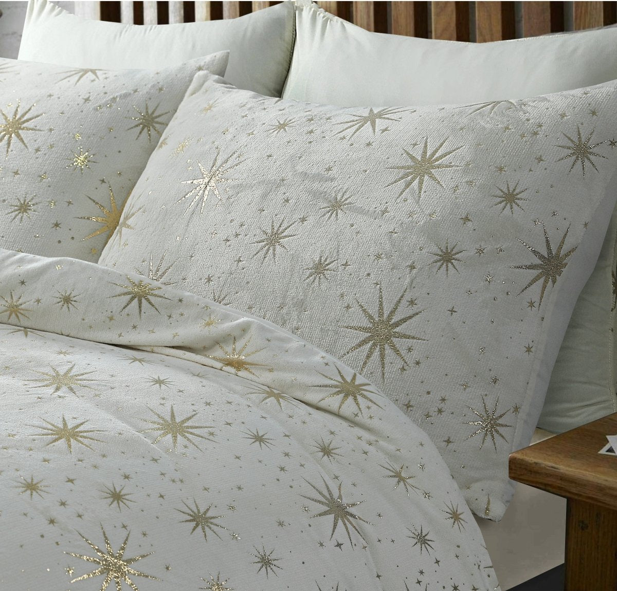 Flannel Fleece Duvet Cover Set Glamour Stars Foil | Cream | Single - 140cm (W) x 220cm (L) - The Bedding & Blankets Store