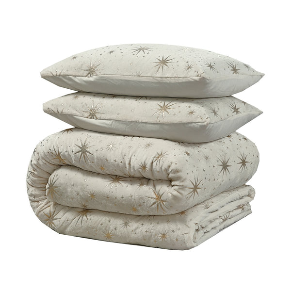 Flannel Fleece Duvet Cover Set Glamour Stars Foil | Cream | Single - 140cm (W) x 220cm (L) - The Bedding & Blankets Store