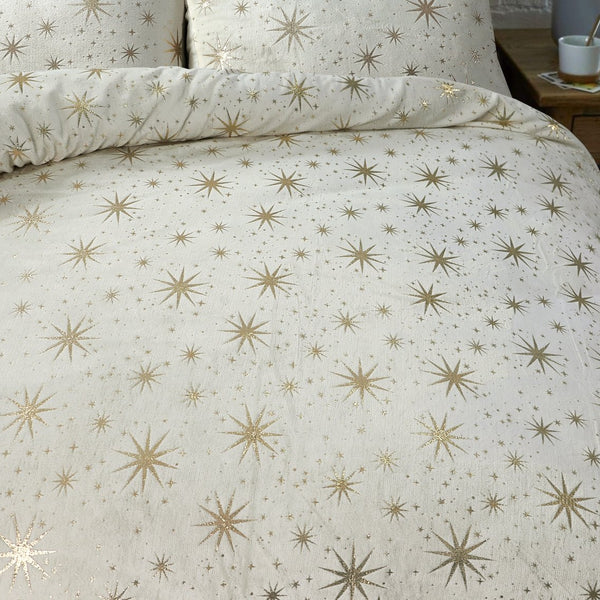 Flannel Fleece Duvet Cover Set Glamour Stars Foil | Cream | Single - 140cm (W) x 220cm (L) - The Bedding & Blankets Store
