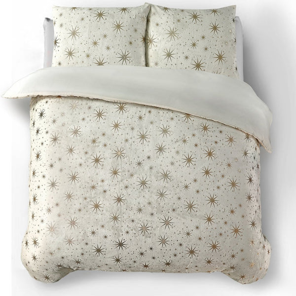 Flannel Fleece Duvet Cover Set Glamour Stars Foil | Cream | Single - 140cm (W) x 220cm (L) - The Bedding & Blankets Store