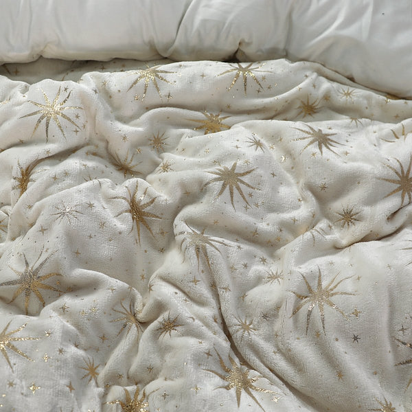 Flannel Fleece Duvet Cover Set Glamour Stars Foil | Cream | Single - 140cm (W) x 220cm (L) - The Bedding & Blankets Store
