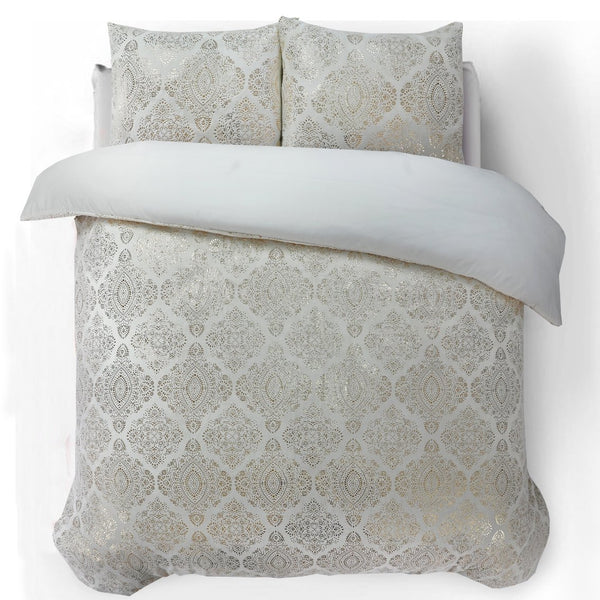 Flannel Fleece Duvet Cover Set Glomour Art Foil Design | Cream | Double - 200cm (W) x 200/220cm (L) - The Bedding & Blankets Store