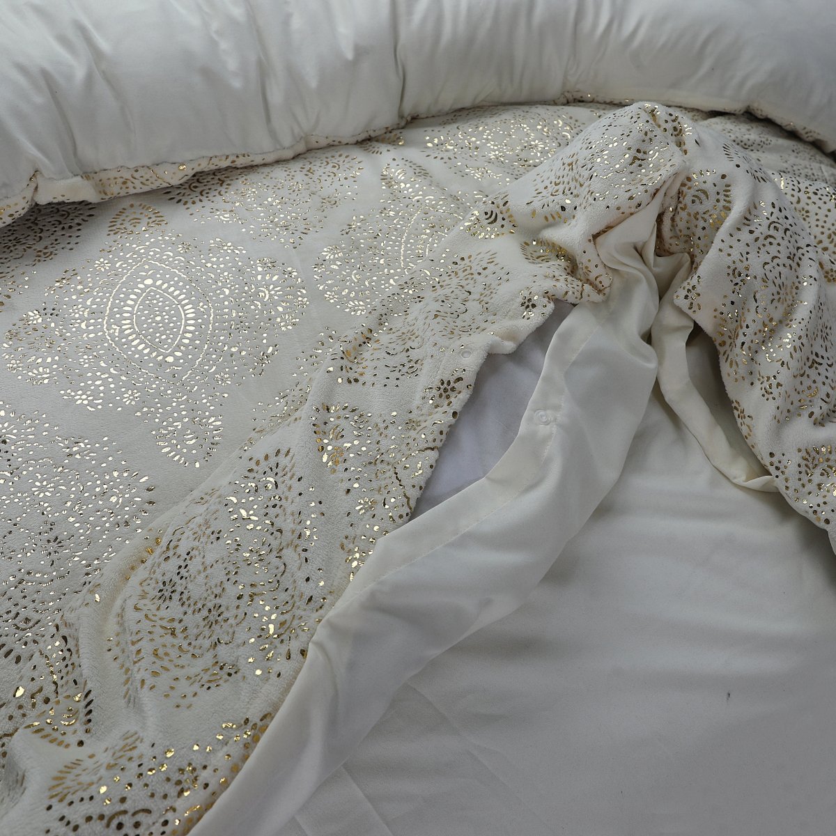 Flannel Fleece Duvet Cover Set Glomour Art Foil Design | Cream | Double - 200cm (W) x 200/220cm (L) - The Bedding & Blankets Store