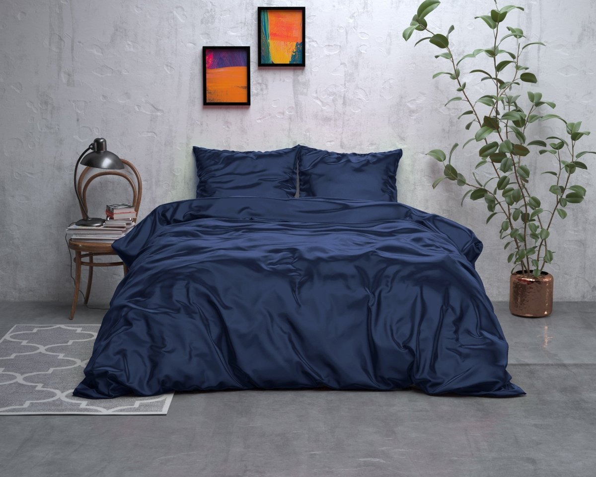 Luxury Satin Microfibre Duvet Cover Set Beauty Skin Care | Navy | Double - 200cm (W) x 220cm (L) - The Bedding & Blankets Store