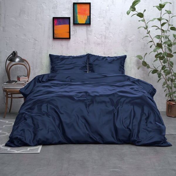 Luxury Satin Microfibre Duvet Cover Set Beauty Skin Care | Navy | Double - 200cm (W) x 220cm (L) - The Bedding & Blankets Store