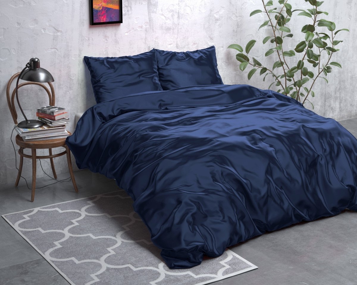 Luxury Satin Microfibre Duvet Cover Set Beauty Skin Care | Navy | Double - 200cm (W) x 220cm (L) - The Bedding & Blankets Store