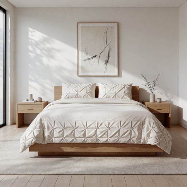 Microfibre Duvet Cover Set Border Pintuck | Beige | King Long - 240cm (W) x 220cm (L) - The Bedding & Blankets Store
