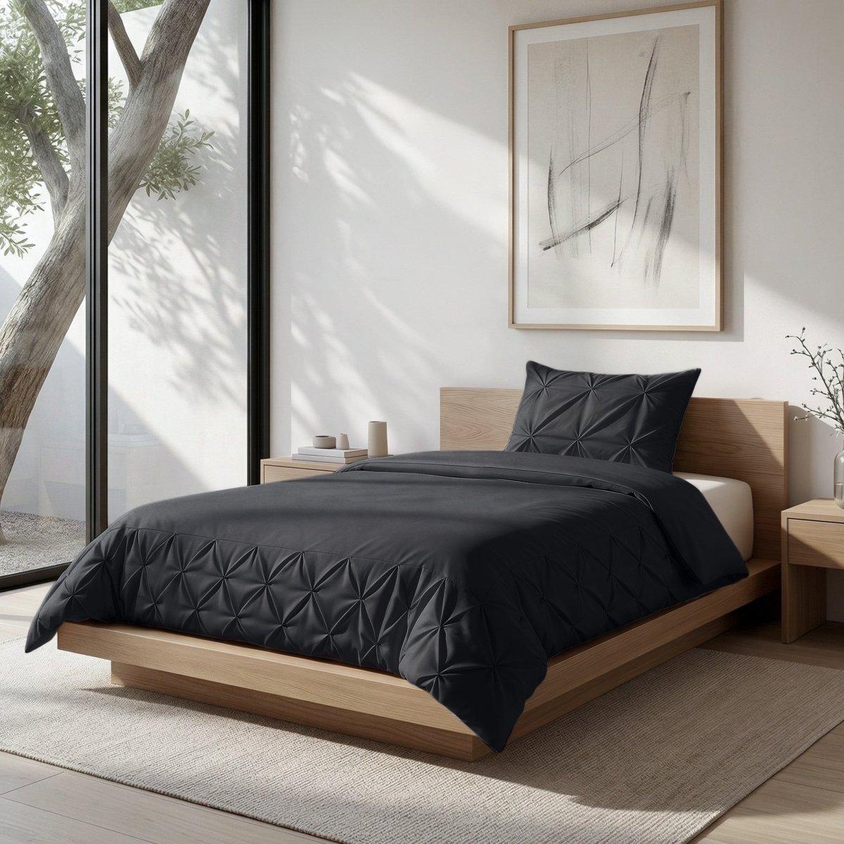 Microfibre Duvet Cover Set Border Pintuck | Black | King Long - 240cm (W) x 220cm (L) - The Bedding & Blankets Store