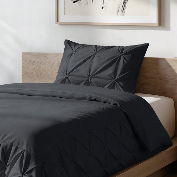 Microfibre Duvet Cover Set Border Pintuck | Black | King Long - 240cm (W) x 220cm (L) - The Bedding & Blankets Store