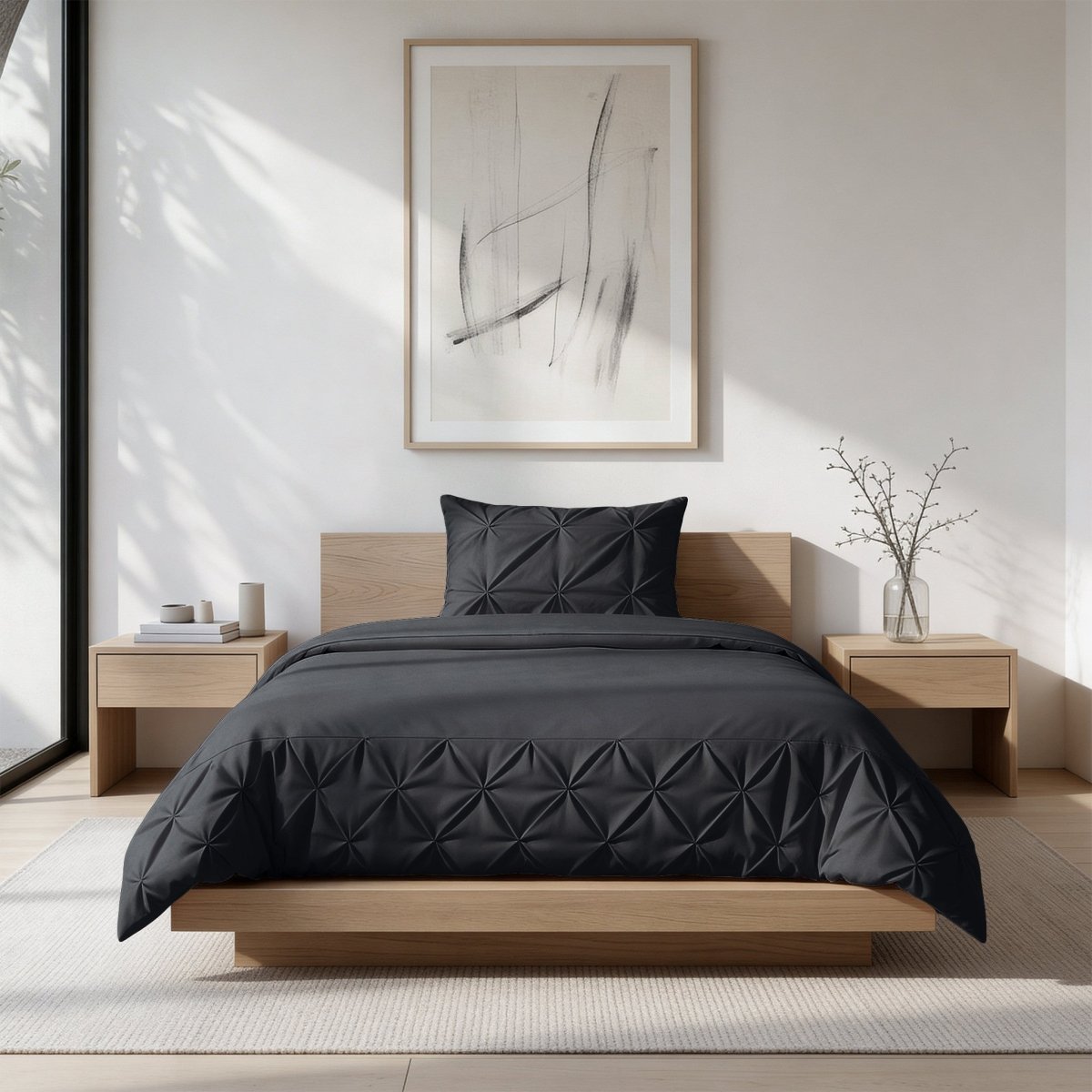 Microfibre Duvet Cover Set Border Pintuck | Black | King Long - 240cm (W) x 220cm (L) - The Bedding & Blankets Store