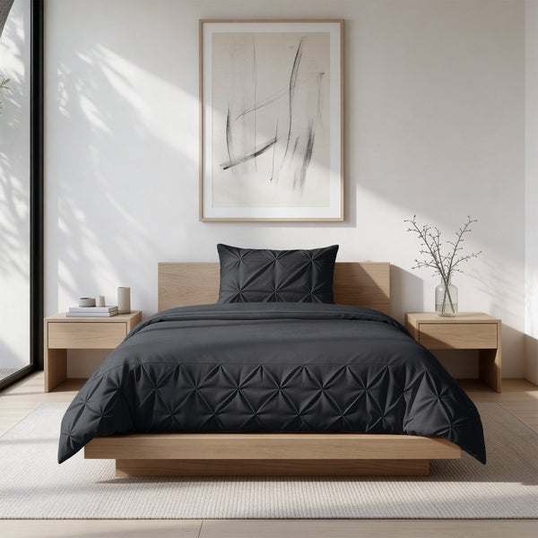Microfibre Duvet Cover Set Border Pintuck | Black | King Long - 240cm (W) x 220cm (L) - The Bedding & Blankets Store