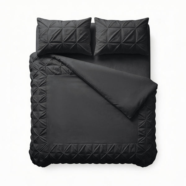Microfibre Duvet Cover Set Border Pintuck | Black | King Long - 240cm (W) x 220cm (L) - The Bedding & Blankets Store