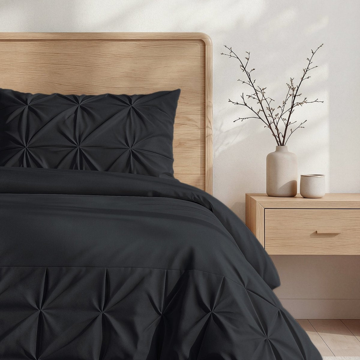 Microfibre Duvet Cover Set Border Pintuck | Black | King Long - 240cm (W) x 220cm (L) - The Bedding & Blankets Store