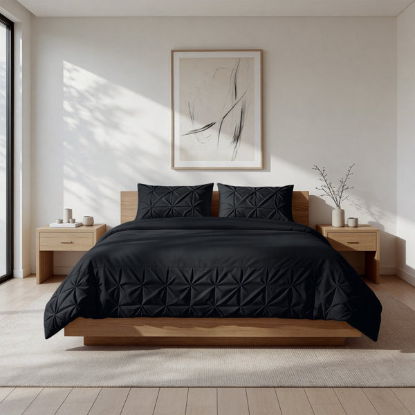 Microfibre Duvet Cover Set Border Pintuck | Black | King Long - 240cm (W) x 220cm (L) - The Bedding & Blankets Store
