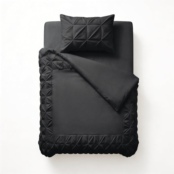 Microfibre Duvet Cover Set Border Pintuck | Black | King Long - 240cm (W) x 220cm (L) - The Bedding & Blankets Store